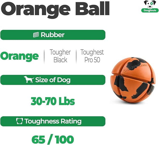 Goughnuts – Virtually Indestructible Ball - Guaranteed Dog Chew Toys for Aggressive Chewers Like Pit Bulls, German Shepherds, and Labs from 30-70 Pounds - Tough and Durable Natural Rubber - Orange
