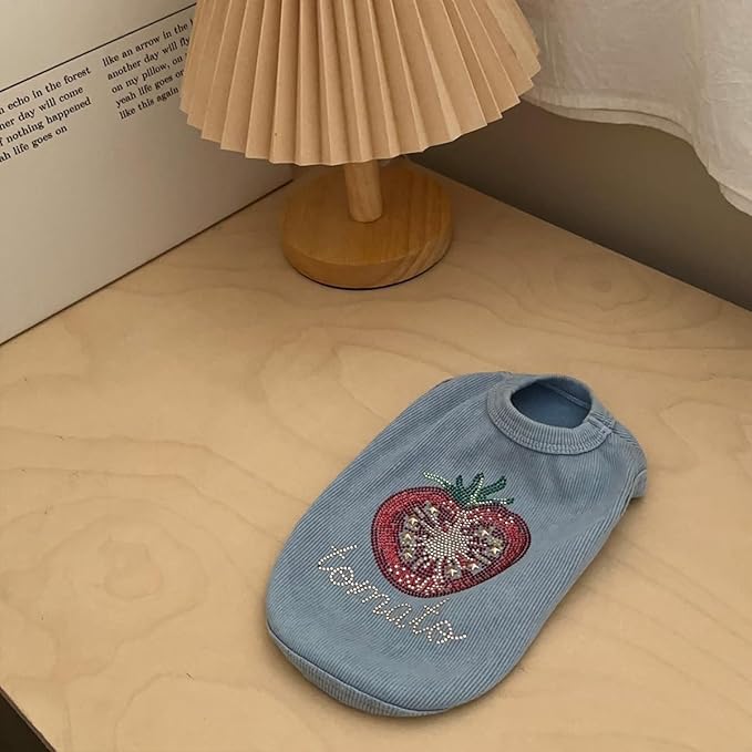 Washed Cotton Pet Vest with Rhinestone Fruit Designs, Soft & Stylish Small Dog Cat Vest for Spring Summer, Breathable & Shiny (Blue-Tomato, Small)