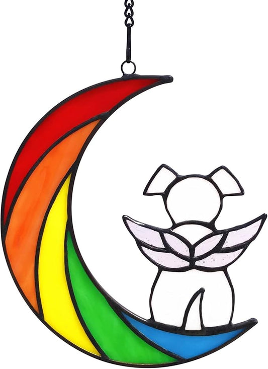 Stained Glass Rainbow Bridge White Dog Memorial Gifts for Loss of Dog Sympathy Remembrance Suncatcher, Thoughtful Pet Loss Bereavement Gifts in Memory of Pet Passing Away Window Hanging.