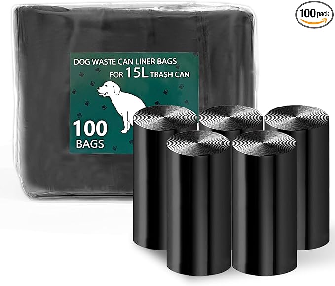 Dog Waste Bags for 15L Dog Poop Trash Can, 5 Pack Rolls Totaling 100 Bags, Black, Unscented