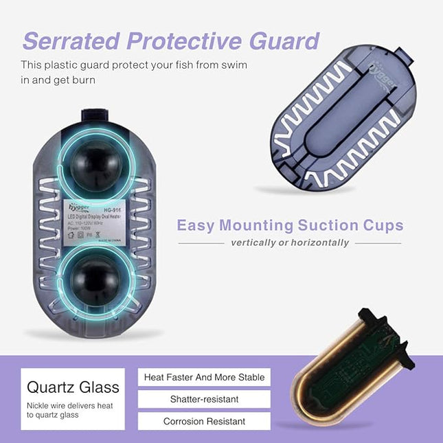 hygger Mini Adjustable 50W Aquarium Heater LED Digital Display Small Fish Tank Heater for 1-6 Gallon Turtle Betta Tank with Protective Guard