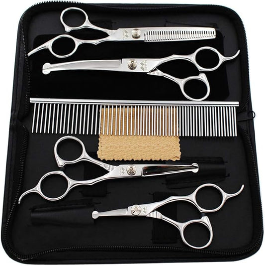 Dog Grooming Scissors Kit with Round Tip, 6 in 1 Cat Dog Scissors, Stainless Steel Pet Grooming Shears, Straight, Curved, Thinning Shears, Comb for Full Body, Face, Nose, Ear & Paw