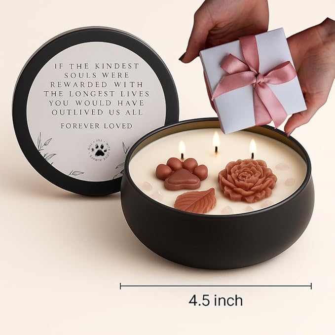 Paw Print Pet Loss Candle – Dog Memorial Gifts for Loss of Dog – Sympathy Gift and Bereavement Candle with Rose Quartz Stones, Clementine, Jasmine & Amber Musk – Rainbow Bridge Pet Remembrance Gift