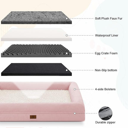 XLarge Orthopedic Dog Bed for Large Dogs, XL Waterproof Egg Crate Foam Dog Bed with Removable Washable Cover, 4-Sides Removable Bolster Soft Sofa Couch with Non-Slip Bottom, Pink
