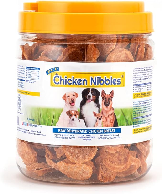 Pet Center, Inc. PCI Chicken Nibbles Raw Dehydrated Chicken Breast Dog Treats, 1 Pound Container,16 oz,CHK-101