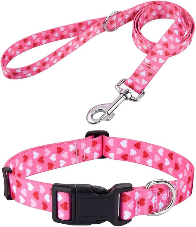 Dog Collar and Leash Set - Adjustable Heart Dog Collar - Love Theme - Perfect for Small Medium Large Dogs(Pink Heart Set,M)