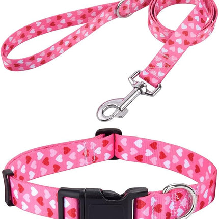 Dog Collar and Leash Set - Adjustable Heart Dog Collar - Love Theme - Perfect for Small Medium Large Dogs(Pink Heart Set,S)