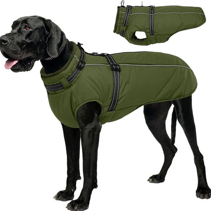 Lelepet Dog Coat with Harness Built in, Waterproof Dog Jacket for Large Dogs Reflective Winter Jacket with Zip Warm Cold Weather Coats for Dogs,Turtleneck Snowsuit, Great Dane, Army Green, XXXL