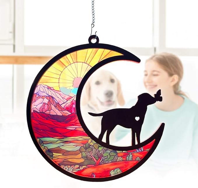 Sun Catchers Indoor Window-Dog Memorial Gifts for Loss of Dog,Dog Kissing Butterfly on The Moon,Personalized Decoration with Name