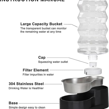 RIZZARI Dog Water Dispenser Bowl: 8L Large Black Stainless Steel Automatic Pet Dispenser with Triple Filter and Specialized Brush - for Senior Dogs with Joint Problems in Garage Garden