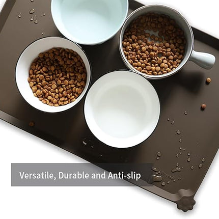 Hoki Found L Silicone Pet Food Mats Tray - Non Slip Dog Cat Bowl Mats Placemat - Pet Feeding Mat - Waterproof Dog Cat Food Mats -Pet Water Mats for Carpet - Coffee