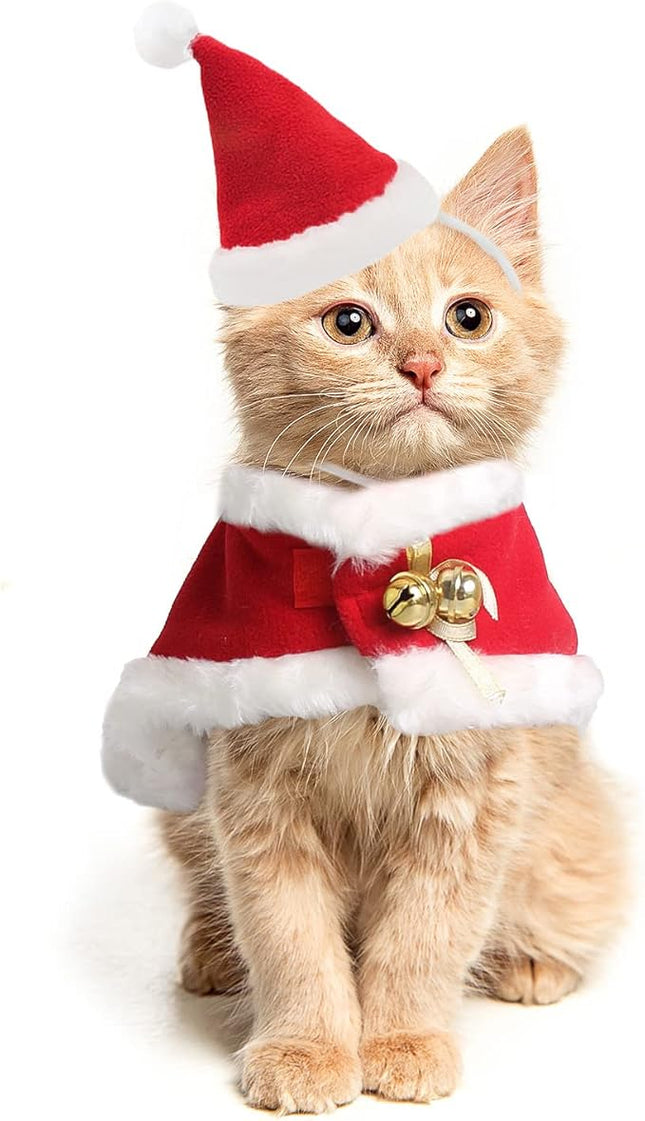 LESYPET Cat Christmas Costume, Santa Hat with Cloak for Small Dogs Rabbits Christmas Costume New Year, Red S