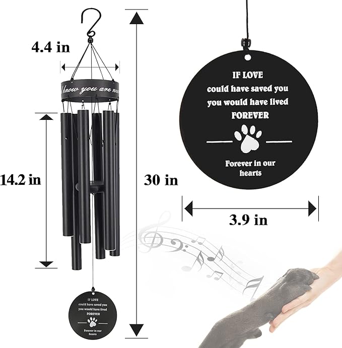 Pet Memorial Wind Chime, 30 Inches Paw Print Pet Remembrance Gift to Honor and Remember a Dog, Cat, or Other Pet, Premium Metal Wind Chime, Black