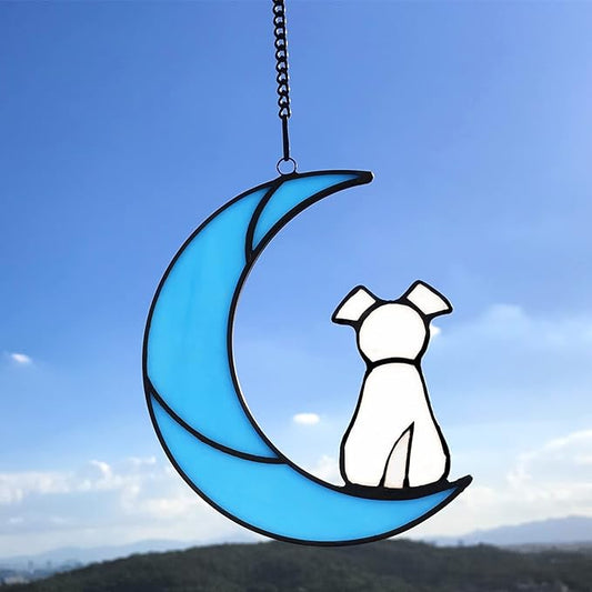 Stained Glass Pet Dog Memorial Gifts for Dog Lovers, White Dog Decor on Blue Moon Window Hangings Suncatcher, Loss of Dog Sympathy Gift, Pet Loss Remembrance Gifts