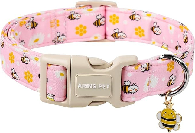 ARING PET Summer Dog Collar, Cute Pink Bee Daisy Floral Pet Collars with Quick Release Buckle for Puppy Small Medium Large Boy Girl Dogs-L