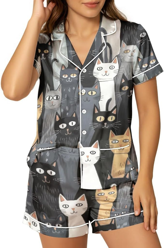 Women’s Silk Satin Pajama Set, Short Sleeve Button Down 2 Piece PJs with Shorts, Cozy Loungewear & Matching Holiday Pajamas