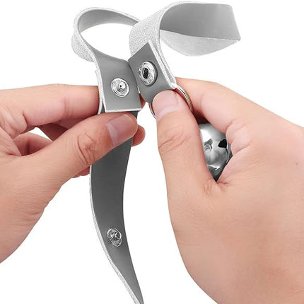 Leather Dog Doorbells for Door Knob/Potty Training/Go Outside, Length Adjustment Copper Dog Bell, Housetraining Hanging Bell, Gray Leather Silver Bells