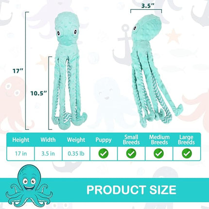 EXPAWLORER Octopus Dog Toy - Long Dog Squeaky Toys Puppy Birthday Gift Soft Stuffed Chew Toy, Crinkle Paper and Built-in Squeaker Durable Interactive Plush Toy for Small Medium Large Dogs, Green