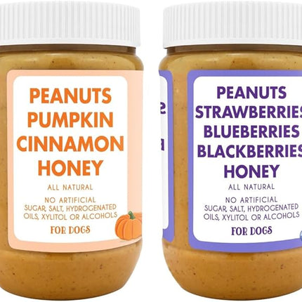 BUDDY BUDDER Bark Bistro Company, Superberry Snoot + Pumpkin Pup, Natural Dog Peanut Butter, Dog Treat, Made in USA (Set of 2, 17oz Jars)