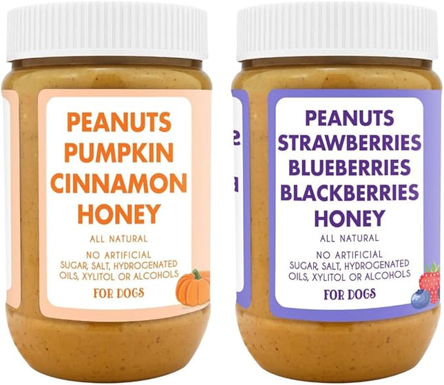 BUDDY BUDDER Bark Bistro Company, Superberry Snoot + Pumpkin Pup, Natural Dog Peanut Butter, Dog Treat, Made in USA (Set of 2, 17oz Jars)