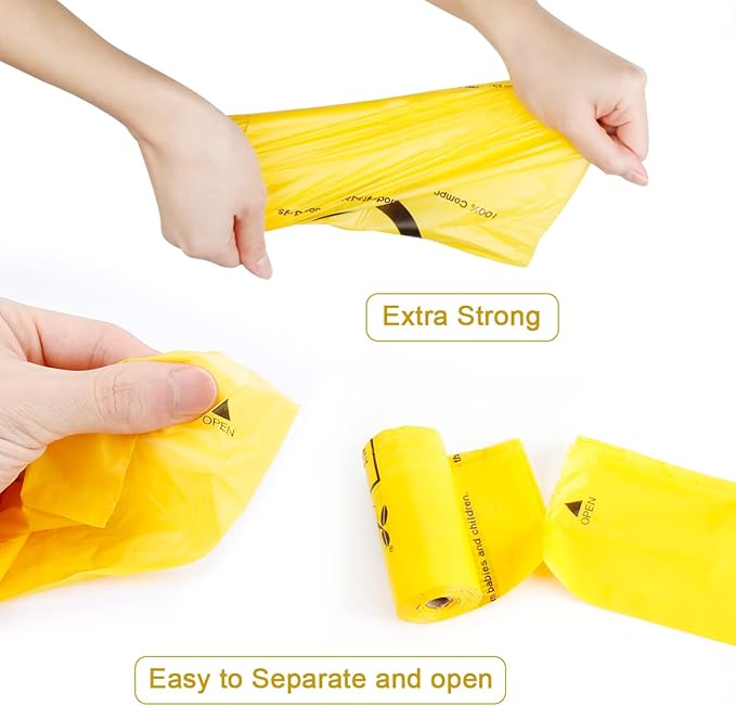 Certified Compostable Dog Poop Bags, 120 Count Landfill Friendly and Leakproof Waste Bags, Easy Open Unscented Maize Yellow Poop Bag for Dog, 15 Doggy Bags Per Roll (8 rolls)