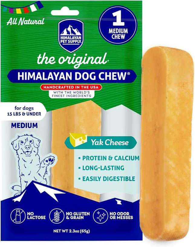 Himalayan Dog Chew Original Yak Cheese Chew, 1 Medium Stick, 2.3 oz, Gluten Free, Healthy Treats, Grain & Lactose Free 100% Natural, Long Lasting, for Dogs Under 35 lbs