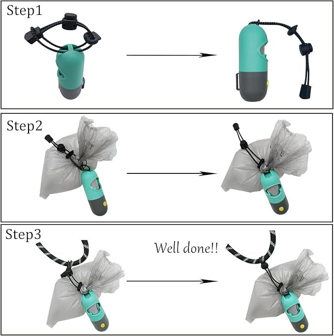 Dog Poop Bags Holder with LED Flashlight|Pet Waste Bags Dispenser for Leash|Doggie Potty Bags Container with Leak-proof Pet Trash Bags and Accessories (1 Holder 195 Bags, Mint Green)