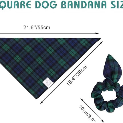 E-Clover Christmas Dog Bandanas Boy & Matching Scrunchie Set Plaid Scarf Kerchief for Small Dog Puppy Bandana Pet Owner Blue Green Fall