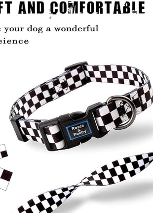 Roses&Poetry Dog Collar with Colourful Checkered Patterns, Adjustable Durable Puppy Collars for Small Medium Large Dogs (Black & White-M)