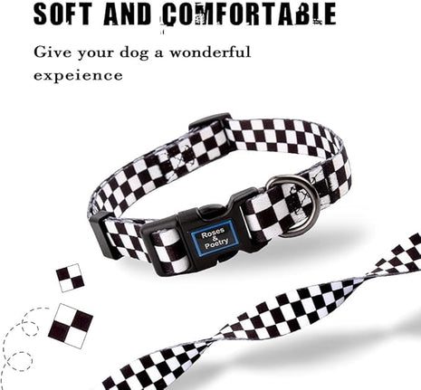 Roses&Poetry Dog Collar with Colourful Checkered Patterns, Adjustable Durable Puppy Collars for Small Medium Large Dogs (Black & White-M)