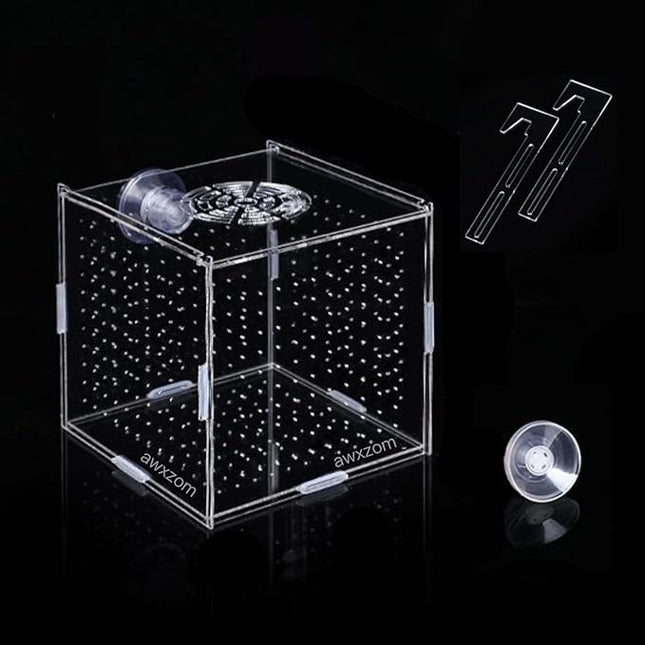 Acrylic Fish breeding Box, Acrylic Fish Isolation Box, Fish Separator for Aquarium, Hatchery Incubator with Suction Cups for Small Baby Fishes Shrimp Clownfish Guppy (3.9 * 3.9 * 3.9inch)
