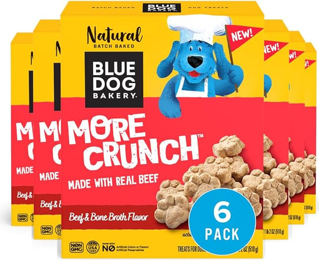 Blue Dog Bakery More Crunch Large Beef & Bone Broth Dog Treats, Dog Biscuits for Large Breeds, Healthy Treats, All Natural, 18 oz (Pack of 6)