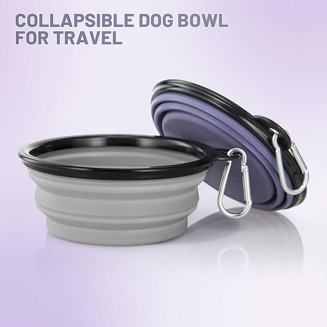 Dog Bowl Pet Collapsible Bowls, 2 Pack Collapsible Dog Water Bowls for Cats Dogs, Portable Pet Feeding Watering Dish for Walking Parking Traveling with 2 Carabiners (Small, Purple & Concrete Gray)