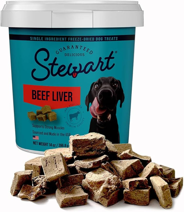 Stewart Beef Liver Dog Treats, 14 oz, ~315 Pieces, Freeze Dried Raw, Single Ingredient, 50% Protein Training Treats or Meal Topper in a Resealable Tub, Grain Free, Gluten Free