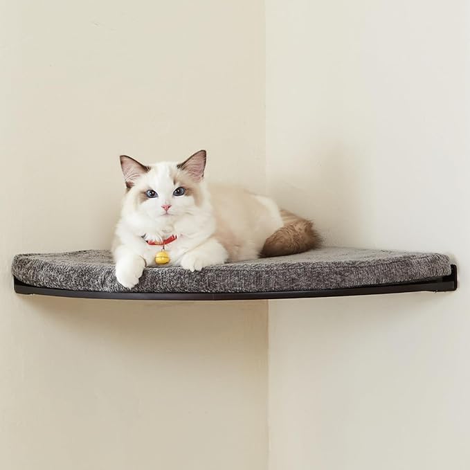 Wall Mounted Corner Cat Bed - Cat Shelf with Comfortable Cushion - Minimalistic Cats Furniture for Indoor Cats - Climbing Perch for Wall, Walnut