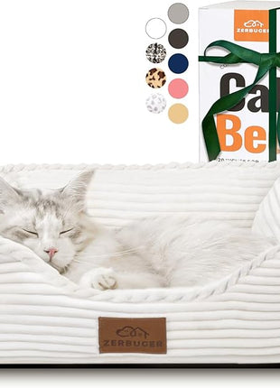 Cat Dog Bed for Pets, Rectangle Pet Bed Gift for Puppy and Kitten, Machine Washable Calming Fluffy Pet Couch Sofa for Indoor Outdoor, Portable Soft Cat Bed with Non-Slip Bottom (Small, Cream)