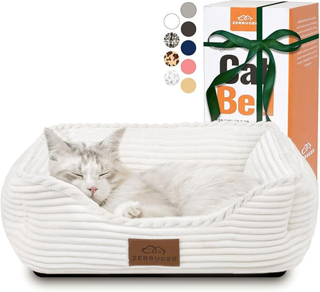 Cat Dog Bed for Pets, Rectangle Pet Bed Gift for Puppy and Kitten, Machine Washable Calming Fluffy Pet Couch Sofa for Indoor Outdoor, Portable Soft Cat Bed with Non-Slip Bottom (Small, Cream)