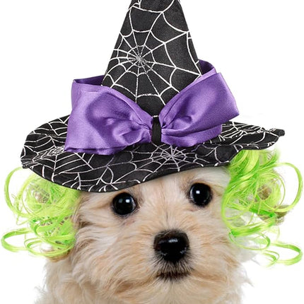 LESYPET Cat Halloween Costume Hat Dog Hat, Wizard Hat with Green Wig for Dog Cat Cosplay for Halloween, Christmas, Party