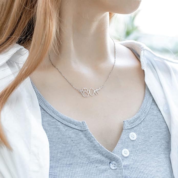 AILIN Custom Dainty Name Necklace Stainess Steel Memorial Pet Necklace For Women Personalized Dog Paw Print Pendant Necklace Anniversary Birthday Gift for Pet Loss Lovers