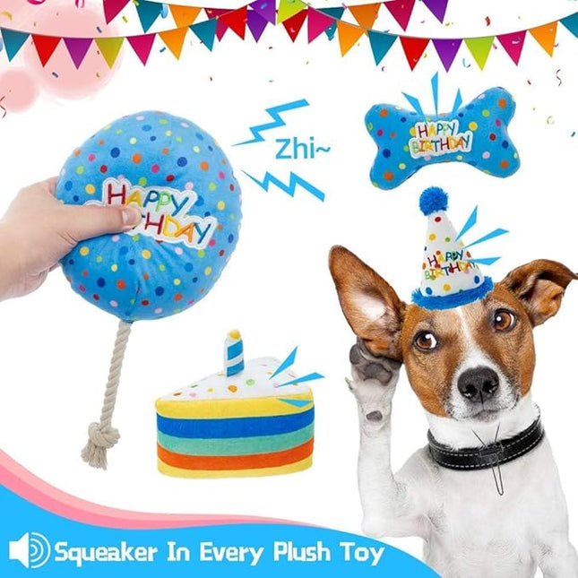 BINGPET Dog Birthday Bandana Set with Cake and Balloon,Dog Birthday Party Supplies for Boys and Girls,Puppy Chew Toys Gift for Large and Extra Large Dogs Pets - Blue