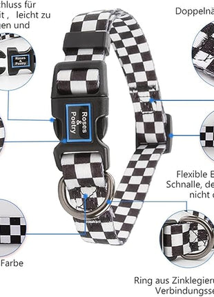 Roses&Poetry Dog Collar with Colourful Patterns, Adjustable Durable Puppy Collars for Small Medium Large Dogs (Black & White-L)