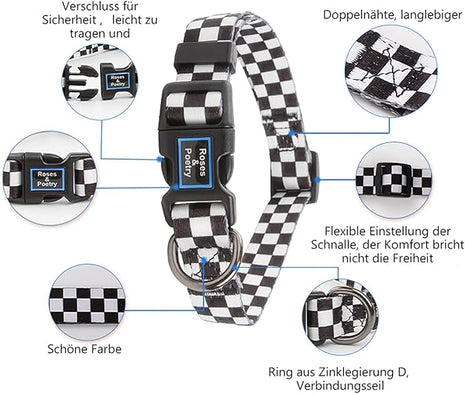 Roses&Poetry Dog Collar with Colourful Patterns, Adjustable Durable Puppy Collars for Small Medium Large Dogs (Black & White-L)