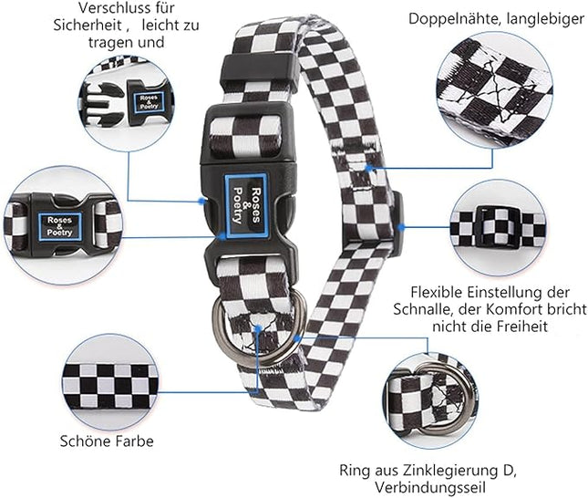 Roses&Poetry Dog Collar with Colourful Patterns, Adjustable Durable Puppy Collars for Small Medium Large Dogs (Black & White-L)