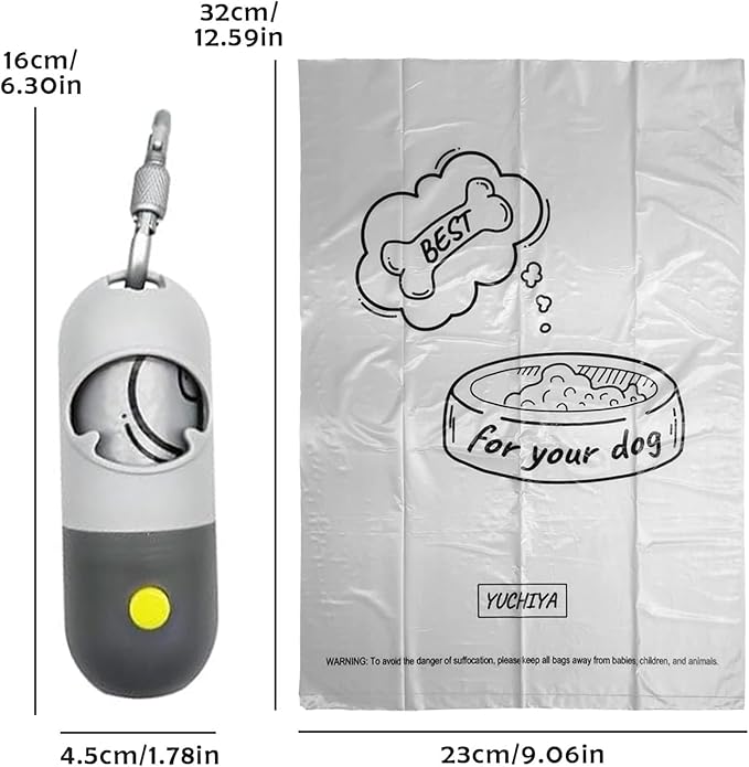 Dog Poop Bags Holder with LED Flashlight|Pet Waste Bags Dispenser for Leash|Doggie Potty Bags Container with Leak-proof Pet Trash Bags and Accessories (Light Gray, 1 Holder 195 Bags)