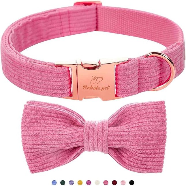 Hot Pink Dog Collars for Large Dog,Cute Corduroy Dog Collar with Bow Tie Safety Metal Buckle Adjustable Puppy Collars for Small Medium Large Boy&Girl Dogs,L-Neck 16"-24"