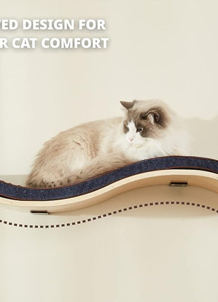Cat Shelf with Comfortable Cushion - Wave Modern Cat Bed - Minimalistic Floating Cats Wall Perch - Wooden Wall Mounted Cats Furniture for Sleeping, Playing, Climbing, and Lounging