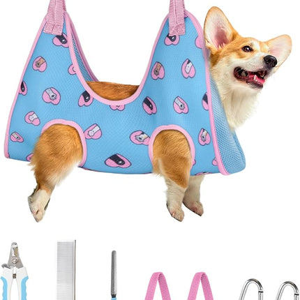 Supet Dog Grooming Hammock Harness for Dogs Cats, Relaxation Pet Nail Clipper Hammock, Restraint Dog & Medium Animal Leashes Sling for Groomingk for Nail Trimming (Blue-Love, M)