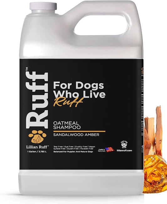Ruff by Lillian Ruff Oatmeal Dog Shampoo Sandalwood Amber – Moisturizing Pet Shampoo with Aloe & Coconut Oil – Relieves Itching, Hot Spots & Odor – Puppy Safe – Made in USA (Gallon)