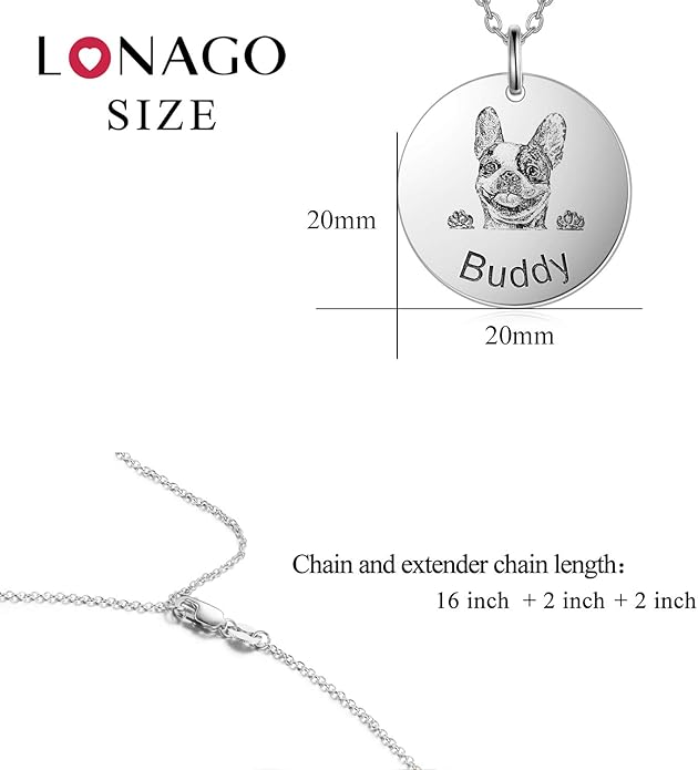 LONAGO 925 Sterling Silver Custom Dog Cat Portrait Photo Necklace Personalized Pet Engraved Picture Pendant Memorial Gift Name Jewelry for Women Mom