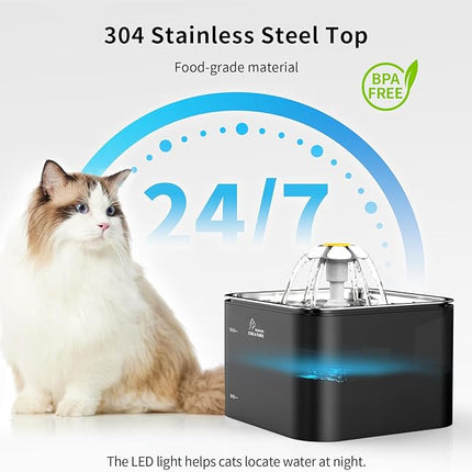Crystal Cat Water Fountain Stainless Steel Lid, 101oz/3L Pet Fountain with LED Light for Cats and Dogs (Black)